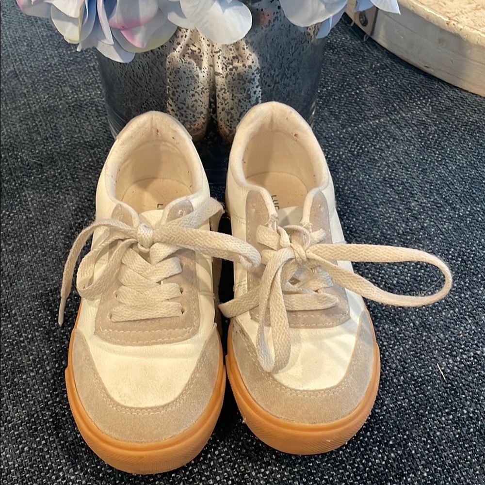 Stylish White and Tan Sneakers